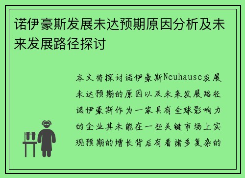 诺伊豪斯发展未达预期原因分析及未来发展路径探讨