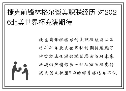 捷克前锋林格尔谈美职联经历 对2026北美世界杯充满期待